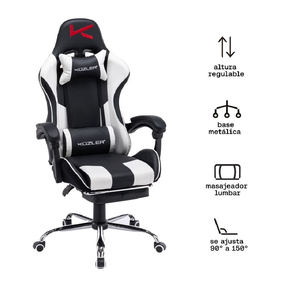 Imagen 2 del producto Silla gamer Kuzler RIK-101B, 150 kg, reposapiés, almohadillas, estructura metálica, reclinable, blanca y negra
